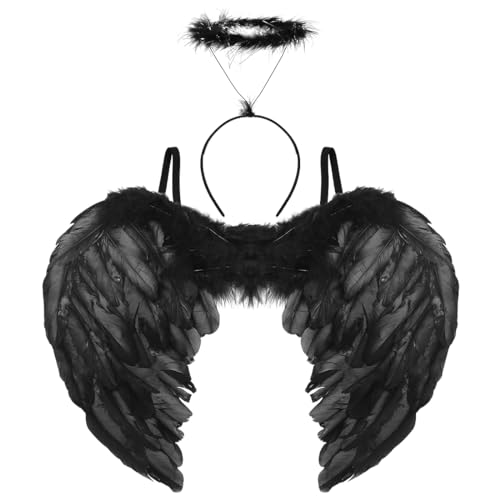 Ailes d'ange Noir, Auréole Ange, Deguisement Demon Femme, Halloween Costume Enfant Adulte, Déguisement Diable, Costume de Fête pour Halloween Carnaval...