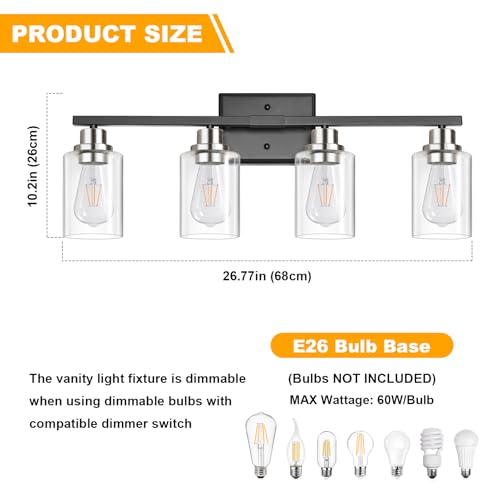Image of Unicozin Modern Bathroom Light Fixtures, 4 Light Vanity Lights Over Mirror, Black and Brushed Nickel Wall Lamp with Clear Glass for Living Room Cabinet Bedroom Porch