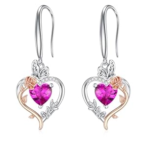TOUPOP Rose Heart Birthstone Earrings for Women 925 Sterling Silver Butterfly Heart Earrings Love Jewelry Anniversary Birthday Mothers Day Gifts for Her Mom