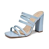 ALLOT Womens Heeled Sandals Strappy Square Open Toe Mid Block Heel Comfy Pump Sandals High Heels Slip On Dressy Summer Casual Fashion Party Shoes(Light Blue PU, 8)