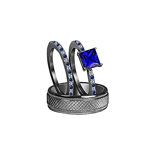 Elegant Touch 14K Gold Plated 925 Sterling Sliver 3 Piece Wedding His Engagement & Her Band Rings Sets Round Cut Blue Sapphire & Diamond For Couple (Black) (Etr501) #TOP28