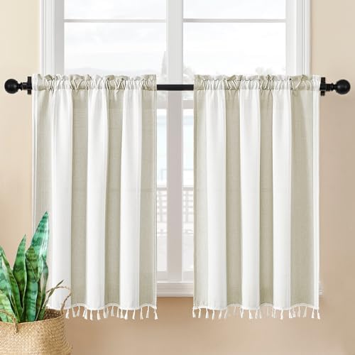 Home Queen Boho Kitchen Curtains 36 Inch Length Striped Linen Cafe Curtains Short Curtains with Tassel for Small Bathroom Window Farmhouse Light Filtering Tier Curtains Set of 2, Natural and Khaki