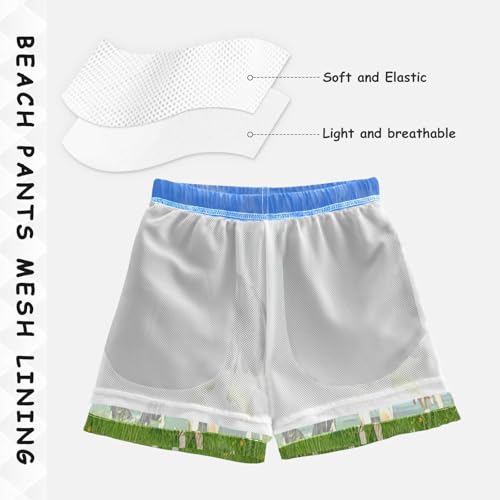 Swim Shorts for Boys, Anti-Chafe Swim Trunks Boys 2 T, Black White Cow Eating Grass Meadow Blue4