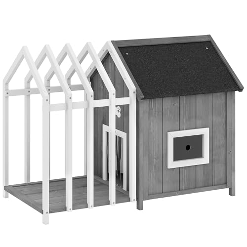 PawHut Casetta per cani in legno da esterno con recinto, recinto, porta a doghe e tetto in bitume, piedini rialzati, casetta per cani resistente 106 x 62,5 x 80,5 cm