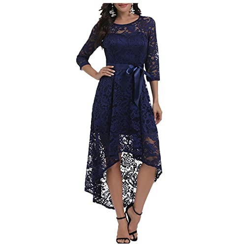 Foviguo Lace Dresses For Women High-Low Swing Formal Bridesmaid Wedding Cocktail Dinner Dresses With Belt, 02-Navy, X-Large #TOP18