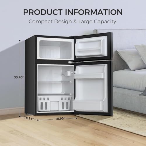 Image of Kismile 3.2 Cu.Ft Mini Fridge with Freezer, Compact Refrigerator, Black | Removable Shelves, Two Doors, Adjustable Temperature, Perfect for Bedroom, Apartment, Office, Dorm