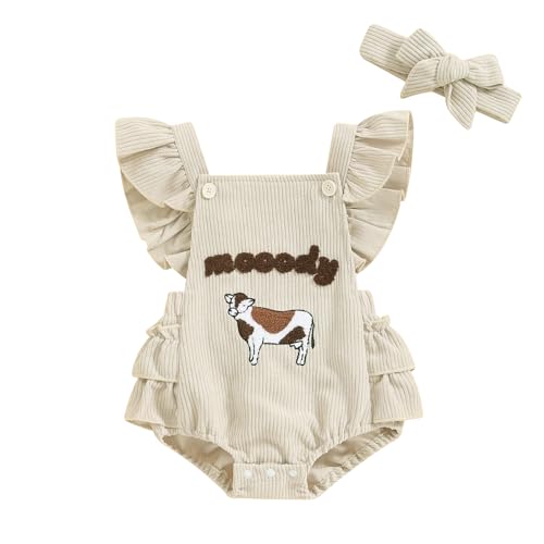 Image of Newborn Baby Girl Ruffle Romper Farm Sleeveless Cow Print Corduroy Overalls Onesie Jumpsuit Matching Summer Clothes