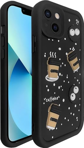 Image of SHINESTAR Back Cover for iPhone 13 /14 - 3D Cartoon Coffee & Eyes Design | Soft Silicone Shockproof Case with Full Camera Protection | Cute & Playful Phone Cover - Black