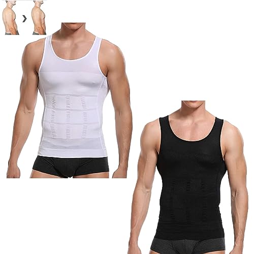 Shaperluv Male Shaper Tank, Shaperluv Mens Slimming Body Shaper Vest, Fat Compression Shirt (Black+W