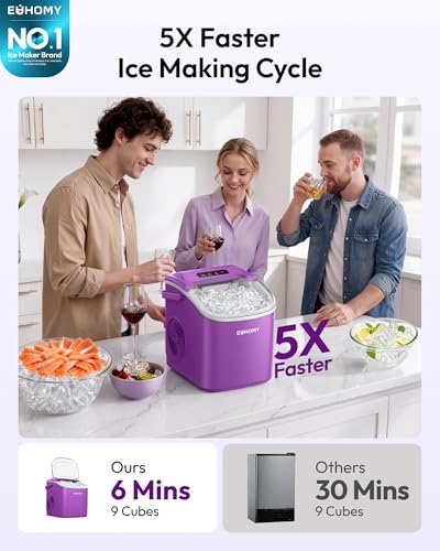 Image of EUHOMY Countertop Ice Maker Machine with Handle, 26lbs Per Day, 9 Ice Cubes Ready in 6 Mins, Auto-Cleaning Portable Ice Maker with Basket and Scoop, for Home /Kitchen /Camping /RV (Purple)