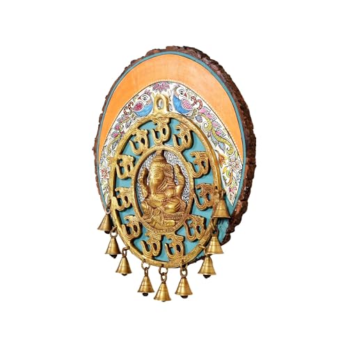 Image of AAKRITI ART CREATIONS Aum Ganesha Wall Hanging, Handcrafted Wooden Decor with Om Symbols and Bells, Dhokra Art Set of 1, Multi Color | Matte Finish Mango Wood | Living Room, Bedroom, Office