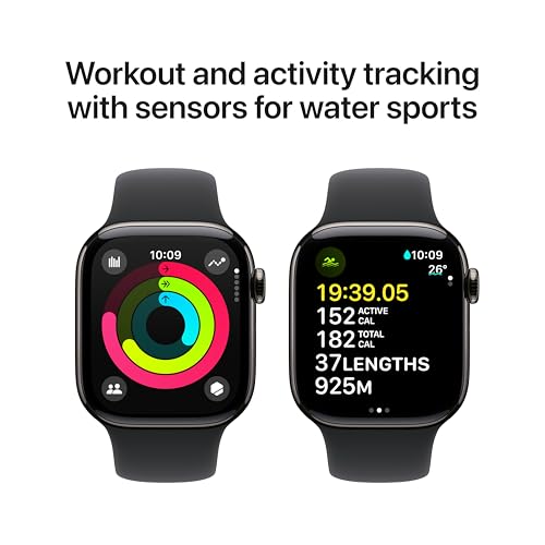 Image of Apple Watch Series 10 [GPS + Cellular 42 mm] Smartwatch with Slate Titanium Case with Black Sport Band- M /L. Fitness Tracker, ECG App, Always-On Retina Display, Water Resistant