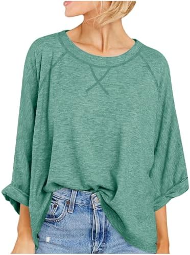 Lastesso 3/4 Sleeve Tops for Women Oversized Tshirts Plain Solid Loose Crewneck Summer Shirt Casual Fashion Fall Clothes