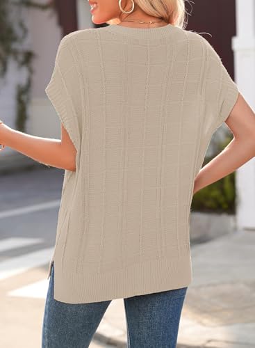 Image of Dokotoo Women's Casual Short Cap Sleeve Knit Tops Summer Loose Crewneck Solid Side Slit Shirts Blouses