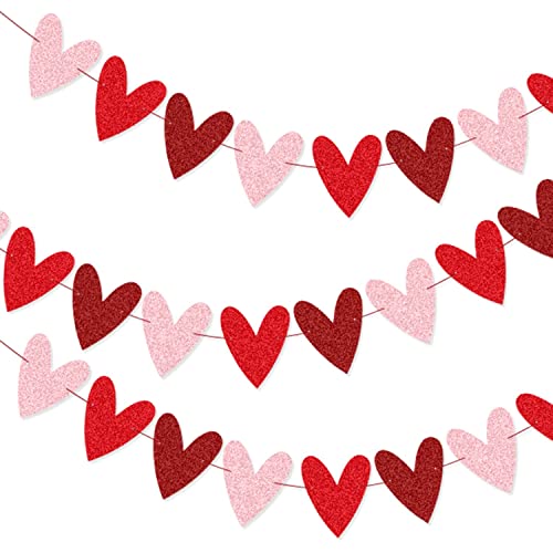 Image of Festiko2 Pack Glittery Heart Banner Garland Valentines Day Decorations Romantic Heart Bunting for Anniversary Wedding Engagement Birthday Party Decoration 3 Colors