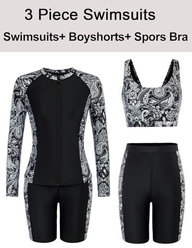 Image of JACK SMITH Women's 3 Piece Long Sleeve Rash Guard Swimsuits Zip Front Bathing Suit Tankini Swimsuits UPF 50