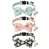 JarThenaAMCS 3 Pcs Daisy Flower Cat Collar with Breakaway Bell Bow Tie Pink Blue Black Floral Adjustable Kitten Collars for Spring Summer Girl Boy Cats Small Pet Party