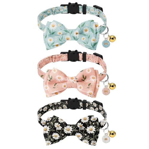 JarThenaAMCS 3 Pcs Daisy Flower Cat Collar with Breakaway Bell Bow Tie Pink Blue Black Floral Adjustable Kitten Collars for Spring Summer Girl Boy Cats Small Pet Party