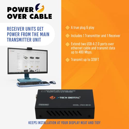 Image of J-Tech Digital USB Over Ethernet Extender USB Balun Over cat5e cat6 99m /328ft PoC, Play and Plug, No Driver Needed, USB2.0 for Game Controller, MAC & PC and USB2.0 Supported Devices [JTECH-BE100]
