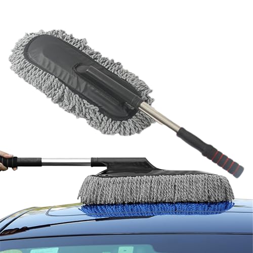 Plumero para coche, plumero de polen de microfibra, antiarañazos, exterior antiarañazos, mango retráctil, fácil de aspirar, evita el lavado frecuente del coche para limpiar la oficina en casa y