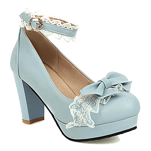Erocalli Women's Lolita Shoes Platform Cosplay Cute Kawaii Lolita Shoes High Heel Bowknot Mid Chunky Heel Mary Jane Pumps