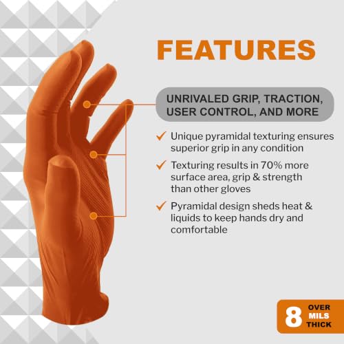 Image of PermaSafe HD Orange Nitrile Gloves | Extreme-Duty 8+ Mil, Industrial Grade Protection | Powder & Latex-Free Nitrile Gloves with Raised Textured Grip | Ideal for Mechanics, Construction, All HD Uses