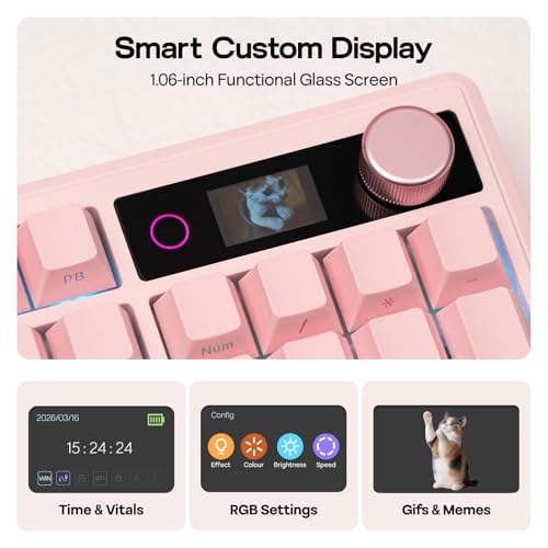 Image of EPOMAKER TH108 V2 PRO Full-Size Mechanical Keyboard with Screen & Knob, 10000mAh, BT /2.4GHz, Mac Modifier PBT Keycap, Hot-Swap, RGB, Gasket, Wireless Gaming Keyboard (Pink, Creamy Jade)