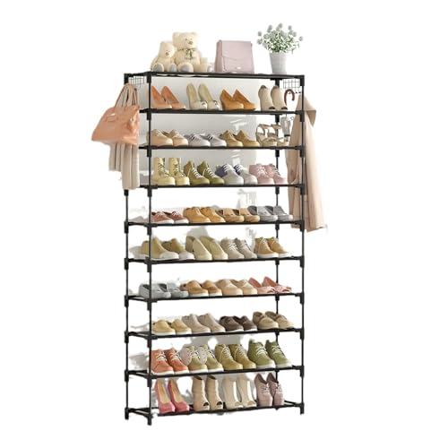 Zapatero alto de 10 niveles que ahorra espacio para 40-45 pares con ganchos para armario, entrada, pasillo, garaje, dormitorio, estantes de tela y marco de metal
