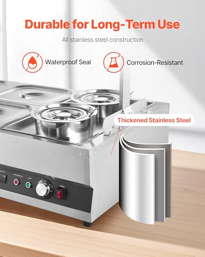 Image of VEVOR Electric Soup Warmer, Two 6.34QT Pots & Four 1 /2 Pans, Stainless Steel Commercial Food Warmer with 86~185F Adjustable Temp, 1500W Bain Marie with Cover, Soup Station for Restaurant, Buffet