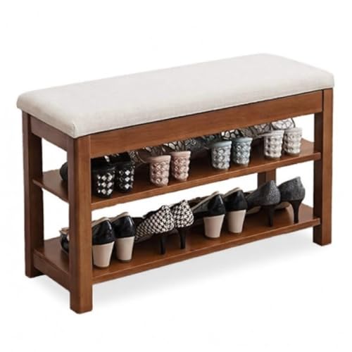 Image of Premium Sheesham Wood Shoe Rack with Upholstered Bench - 2-Tier Solid Wood Entryway Shoe Organizer - Durable Hallway Storage Bench for Living Room & Bedroom (Walnut, 24inch)