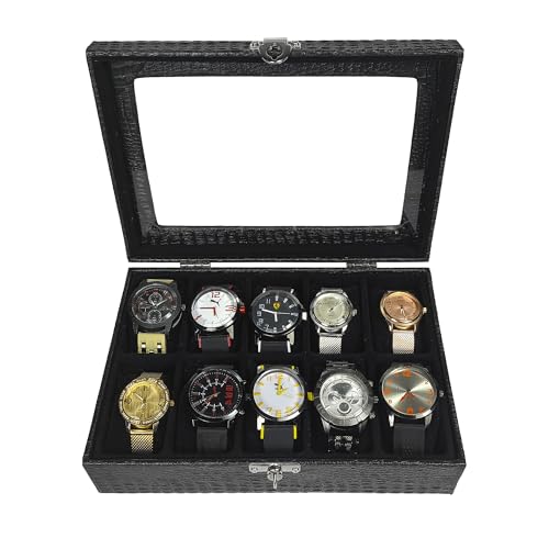 Estojo Para 10 Relógios Com Vidro Preto Com Interno Aveludado Preto Caixa Maleta Porta Relógio