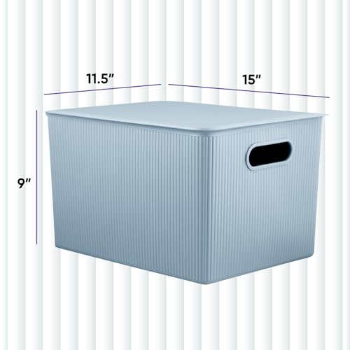 Image of Superio Ribbed Collection - Decorative Plastic Basket Open Home Storage Bins Organizer, Blue Containers for Organizing Closet Storage Bins for Shelves (Bin with Lid- Extra Large (22 Liter), 1 Pack)