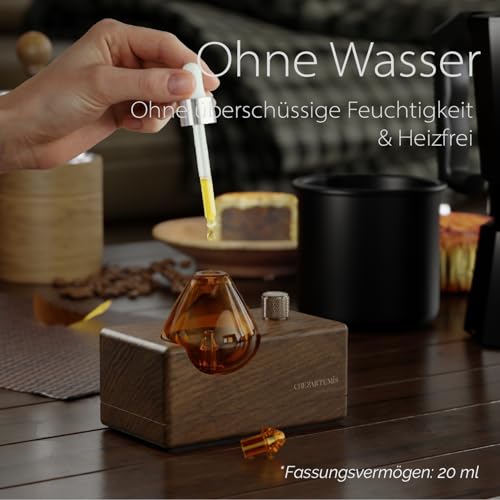 Amber Glas-Diffusor mit Naturholz-Sockel für Aromatherapie, Tragbarer Wasserloser Aroma Diffusor für Zuhause & Reise, Kabelloser Wiederaufladbarer Duftvernebler mit Timer & 4 Modi, Geschenkfertig
