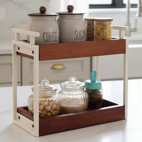 Image of Premium The Blanc Multipurpose kitchen wooden Rack |Iron Countertop Racks |Living Area Versatile Storage Shelf with 2 Compartments |Spice Rack Organizer|Makeup rack |Office shelf