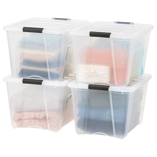 Image of IRIS USA 54 Qt Stackable Plastic Storage Bins with Lids, 8 Pack - BPA-Free, Made in USA - See-Through Organizing Solution, Latches, Durable Nestable Containers, Secure Pull Handle - Clear