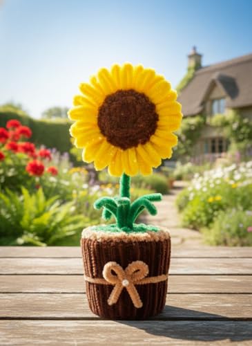 Image of Handmade Artificial Flower Pot for Home Decor | Cute Fuzzy Wire Pipe Cleaner Flower Plant | Aesthetic Tabletop Decorative Pot for Home, Office & Gifting (Soft Bloom :- Yellow)