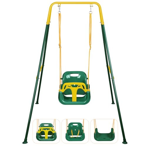 3-in-1 Toddler Swing, Foldable Indoor & Outdoor Baby Swing, Multifunctional Swings for Children 6 Months and Older, Easy to Assemble and Store for Backyard Play (Green)