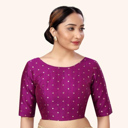 Image of Studio Shringaar Women Cotton Silk Silky Brocade Readymade Elbow Length Sleeves Saree Blouse Choli