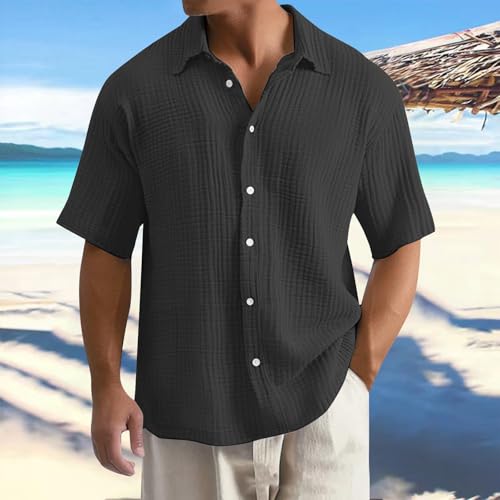 Mens Summer Textured Shirts Casual Button Down Lapel Short Sleeve Tops Fashion Vacation Holiday Beach Boho Streetwear4