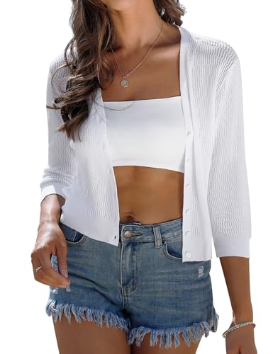 iClosam Womens Summer Lightweight Cropped Cardigans 3/4 Sleeve Knit Shrug V Neck Button Down Cardigans Sweaters White