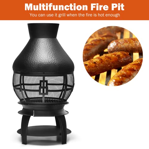 Outdoor Chiminea Fireplace, Vintage Metal Chimineas, Wood-Burning Rustic Finish Fire Pit With 360° Wire Mesh, Fire Poker, Chimney Cap & Wood Storage, Large Firepit For Lawn, Garden, Patio & Backyard #TOP1