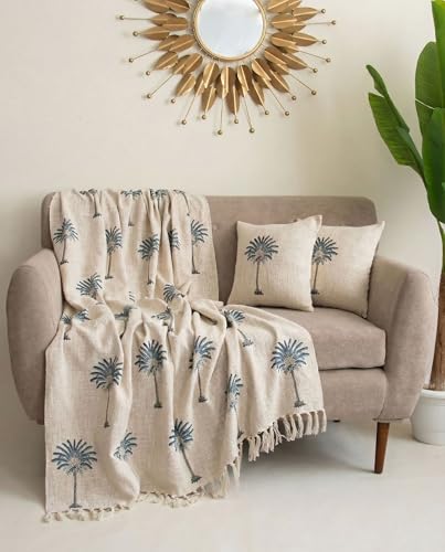 Image of Handwoven Cotton Sofa Throw Blanket with 2 pcs Cushion Covers Lightweight Decorative Couch & Bed Throw (Pack of 3, Blue Palm Tree)