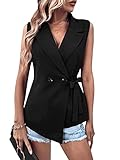 Verdusa Women's Tie Side Double Breasted Sleeveless Asymmetrical Vest Blazer Jacket Black M