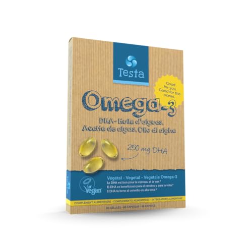 Testa Omega 3 Vegano DHA – Aceite de Algas – Omega-3 Vegetal DHA 250 mg – 100% Puro y Vegano – 60 Cápsulas