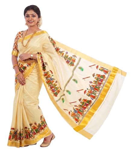 Image of Women's Mural Printed Kerala Gold Tissue Saree with Running Blouse Piece | Traditional South Indian Ethnic Saree for Festivals, Weddings & Special Occasions