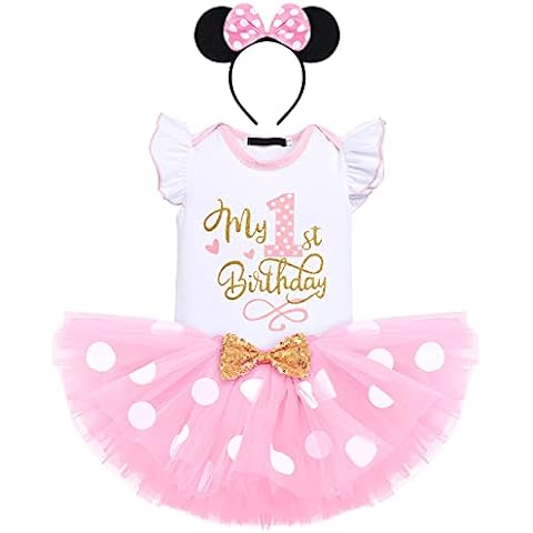 First 1st Birthday Outfits for Baby Girls Minnie Mouse Fancy Dress Up Princess Costume Ruffle Romper+Polka Dots Tutu+Headband 3PCS Clothes Cake Smash Party Photo Shoot Pink-my 1st birthday 1 Year Cover