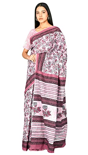 Sari Jaipuri en coton avec chemisier : habit traditionnel indien imprimé main