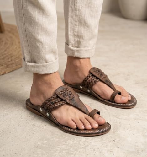 Image of Agadi Men's Kolhapuri Style Sandals | Handcrafted Woven Strap Toe Ring Chappals | Comfortable Ethnic & Casual Slip-On Footwear for Men