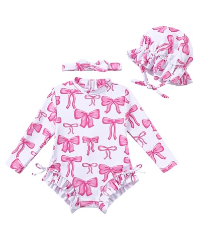 Image of Renotemy Baby Girls Swimsuit Drawstring Zip Bathing Suit Long Sleeve One-Piece Rash Guard Swimwear with Hat for Infant Girl