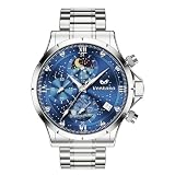 Veekovo Watches for Men with Date Luxury Big Face, Diamond Business Dress Analog Quartz Moon Phase Stainless Steel Wristwatch, Calendar Chronograph Watch (Stainless Blue V1)